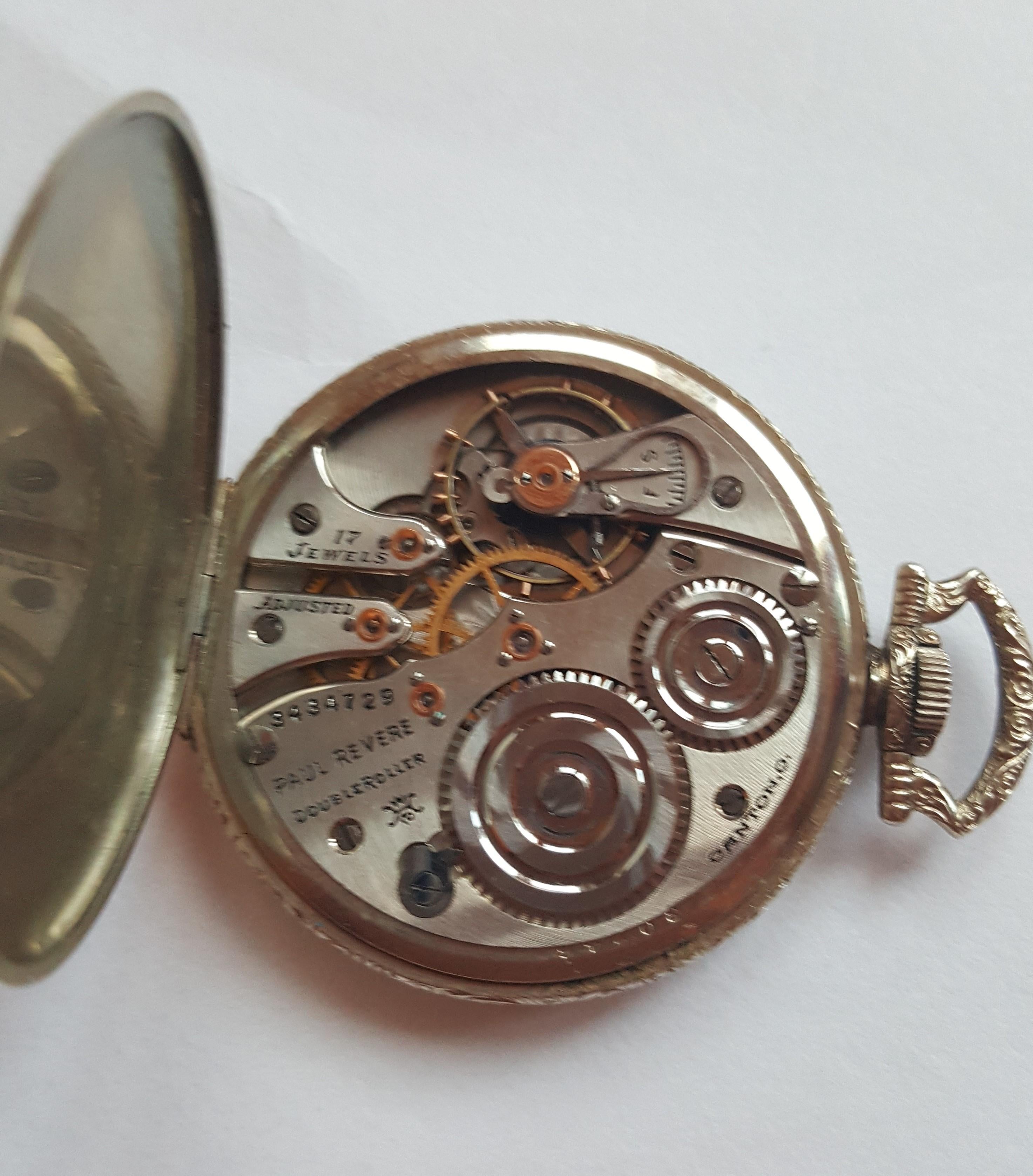 Vintage Hampden Pocket Watch 1916, 17 Jewel, Paul Revere, WORKING, 43mm Case, Silver, Chronograph, Excellent Condition, Gold Numerals. Beautiful Pocket watch

This watch has not been serviced with a complete clean and overhaul and it's sold as is.