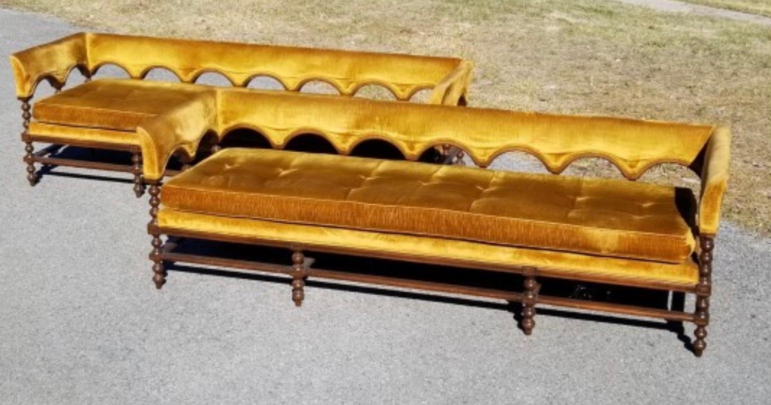 Vintage Hampton house custom amber silk velvet regency Romanesque 3-seat sofa. Fully upholstered in luscious textile with hand-turned legs and delightful arcade that gives glorious peekaboo to other side. Romantic, regal with whimsy. Listing is for