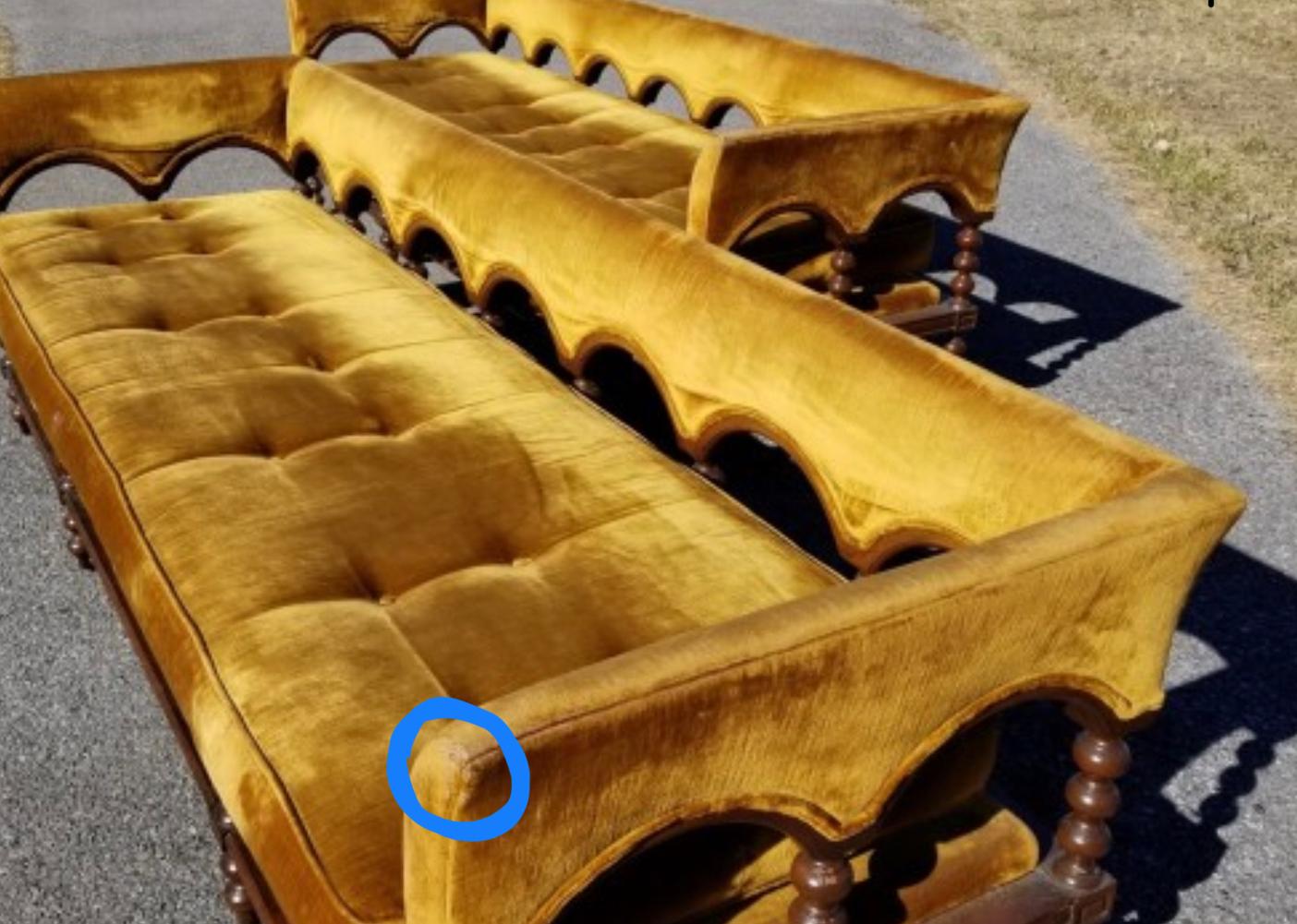 Hollywood Regency Vintage Hampton House Custom Amber Silk Velvet Regency Romanesque 3-Seat Sofa