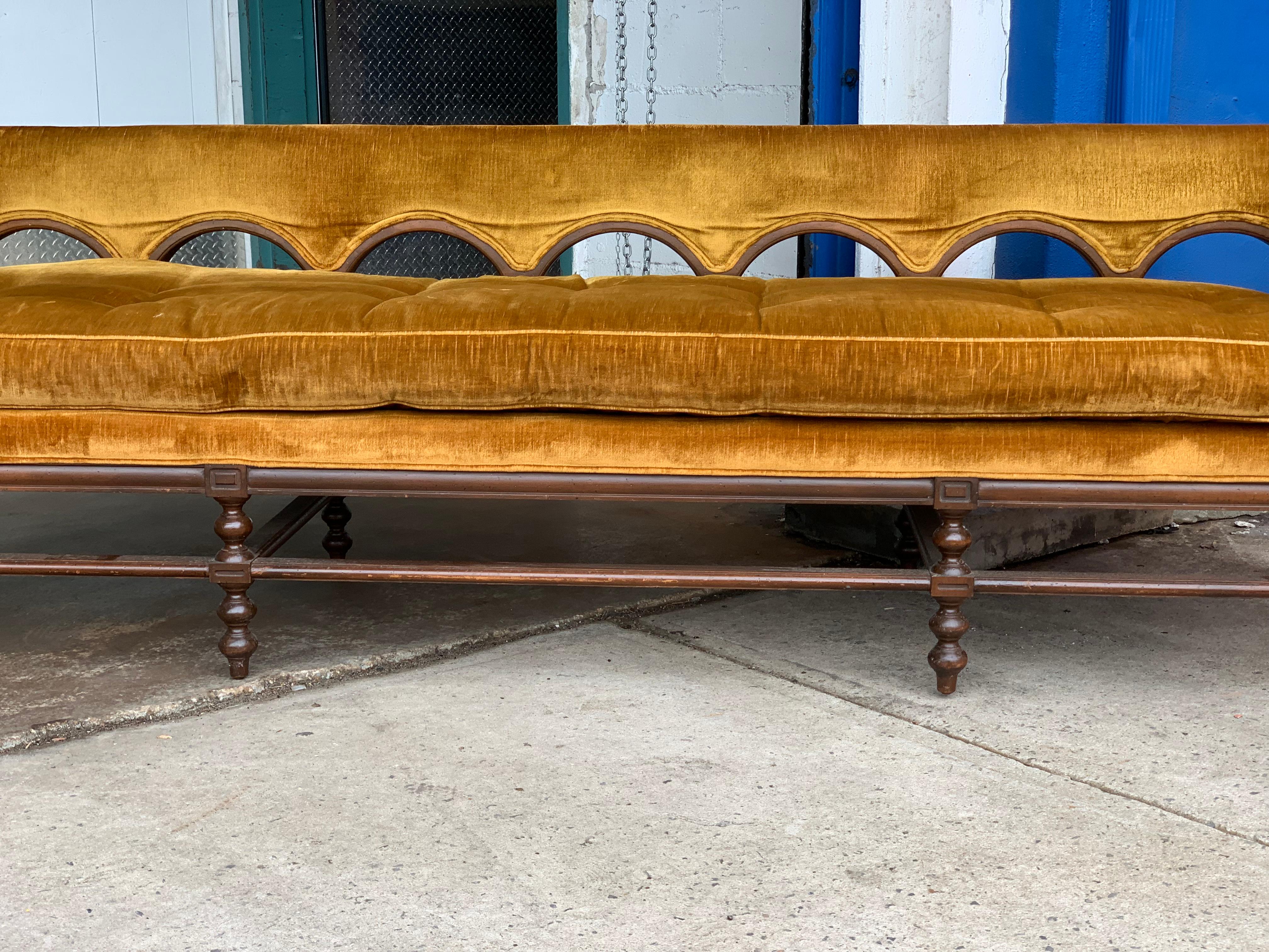 American Vintage Hampton House Custom Amber Silk Velvet Regency Romanesque 3-Seat Sofa