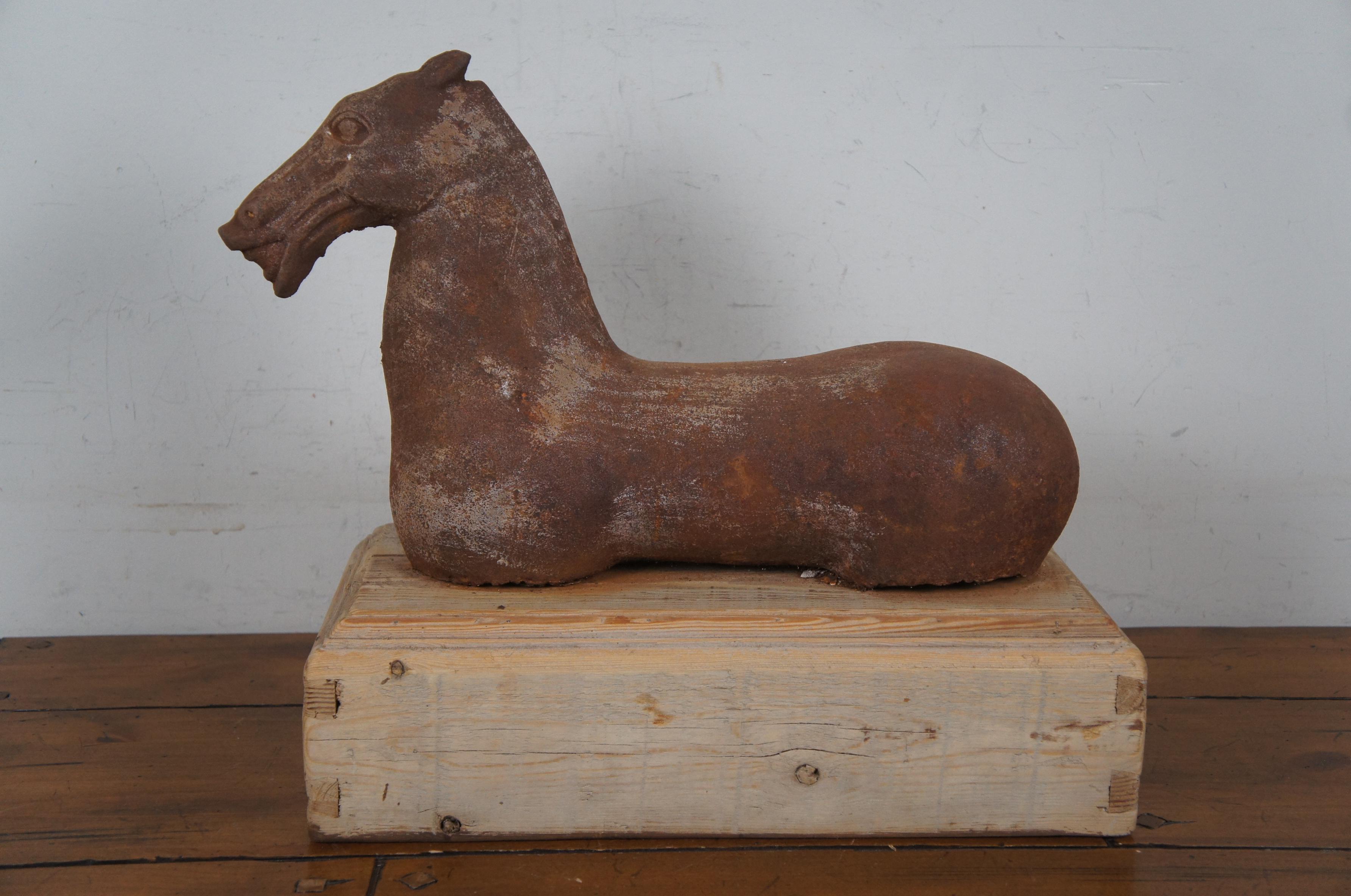 Vintage Han Dynasty Style Cast Iron Horse Sculpture on Wood Base 21