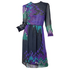 Vintage Hanae Mori Neiman Marcus Taglia 8 / 10 Abito in seta con stampa astratta anni '80