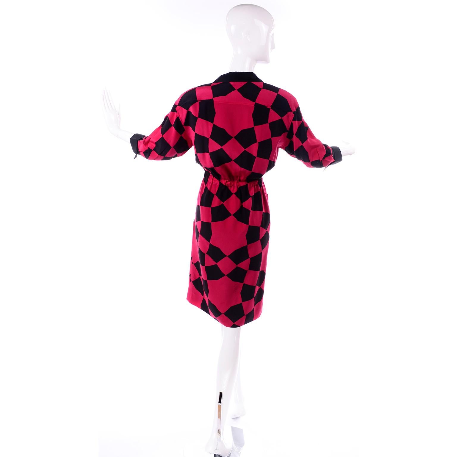 Vintage Hanae Mori Red and Black Geometric Abstract Harlequin Print Silk Dress In Excellent Condition In Portland, OR