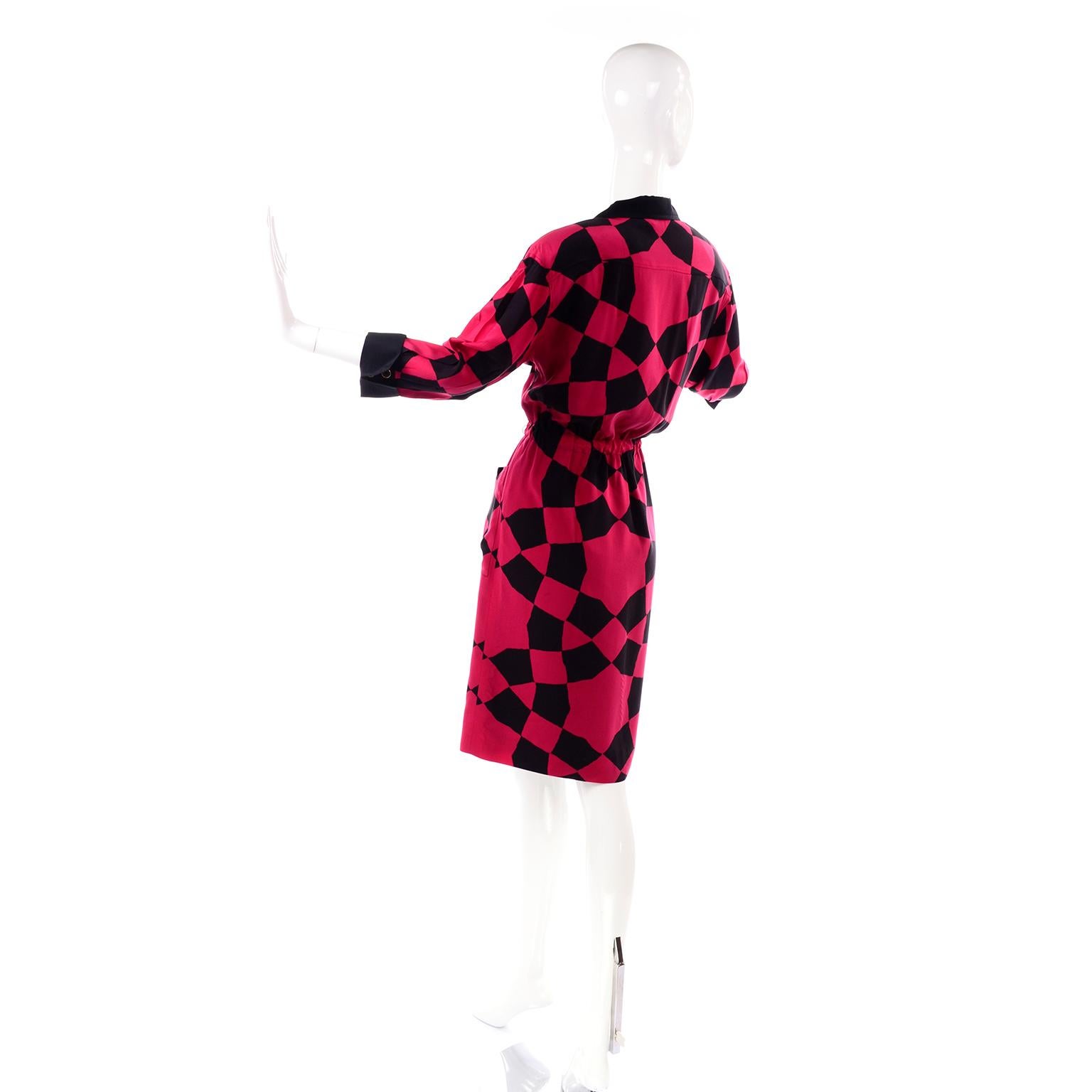 Women's Vintage Hanae Mori Red and Black Geometric Abstract Harlequin Print Silk Dress