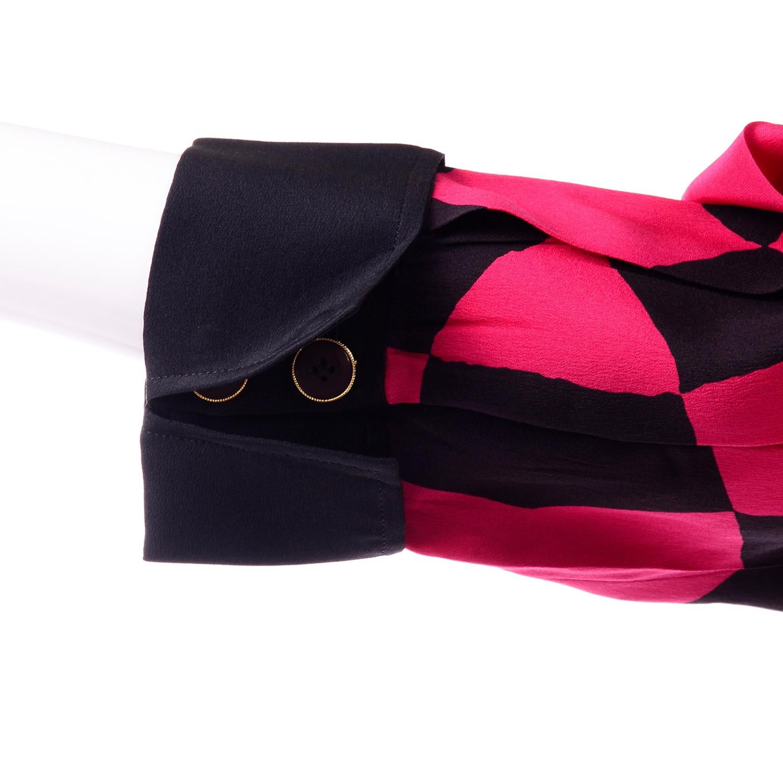 Vintage Hanae Mori Red and Black Geometric Abstract Harlequin Print Silk Dress 1