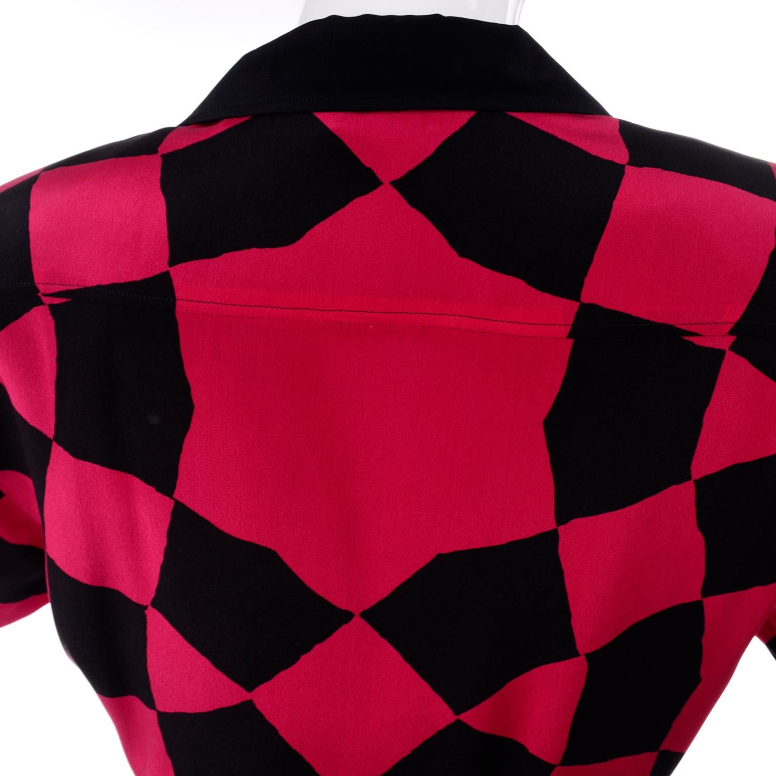 Vintage Hanae Mori Red and Black Geometric Abstract Harlequin Print Silk Dress 2