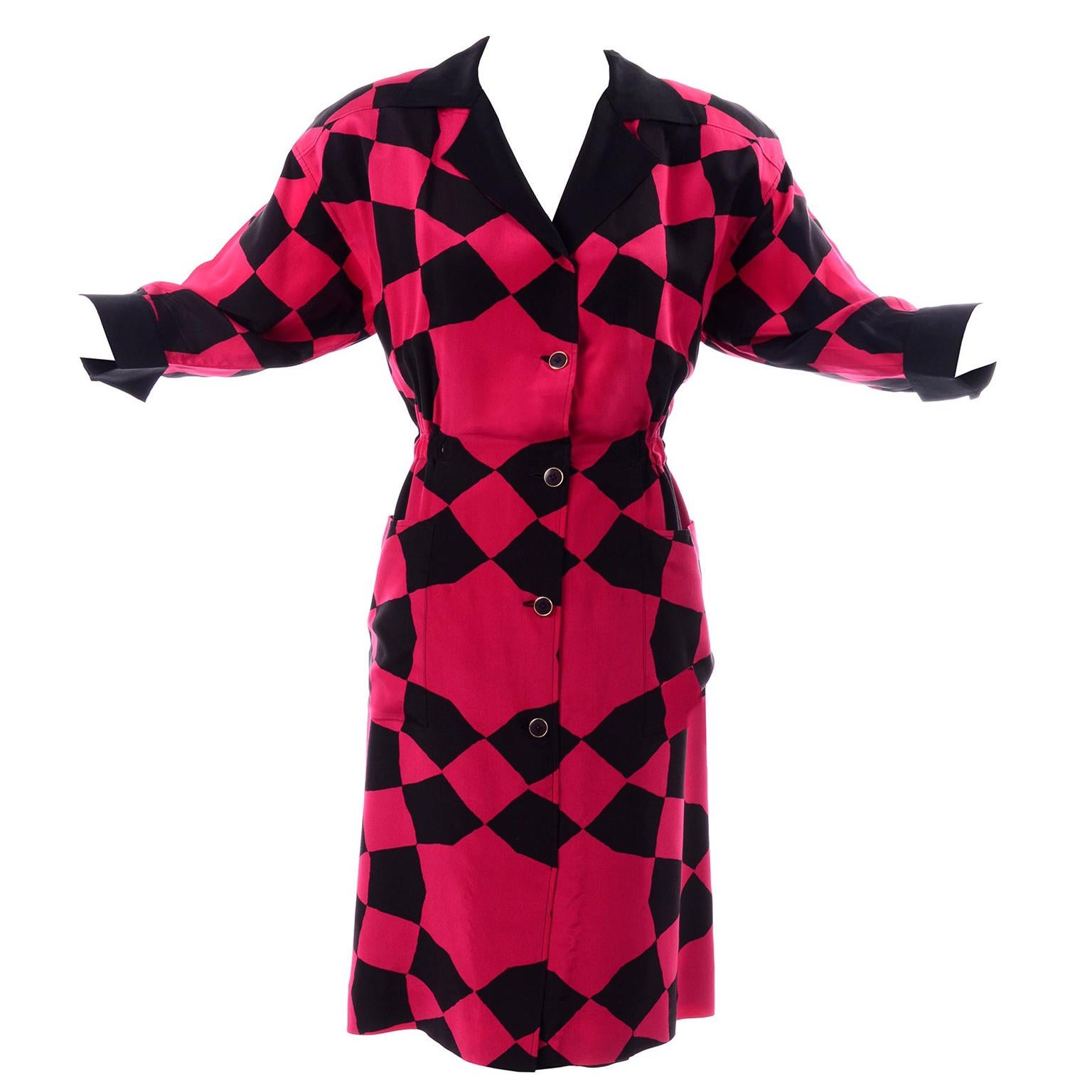 Vintage Hanae Mori Red and Black Geometric Abstract Harlequin Print Silk Dress