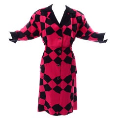 Retro Hanae Mori Red and Black Geometric Abstract Harlequin Print Silk Dress