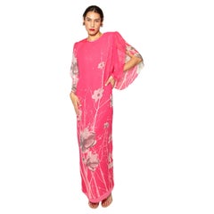 Vintage Hanae Mori Silk Chiffon Floral Print Petal Sleeve Dress