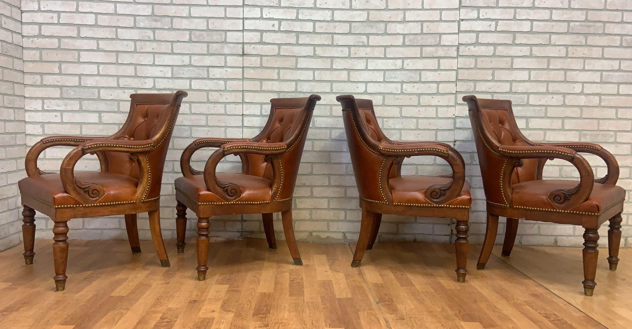 Vintage Hancock and Moore Tufted Jockey Club Chair Newly Upholstered in Leather - Set of 4

Beautiful set of vintage Hancock & Moore Jockey Chairs with intricate scrolled arms, turned legs, arched backs and brand new high end leather upholstery and