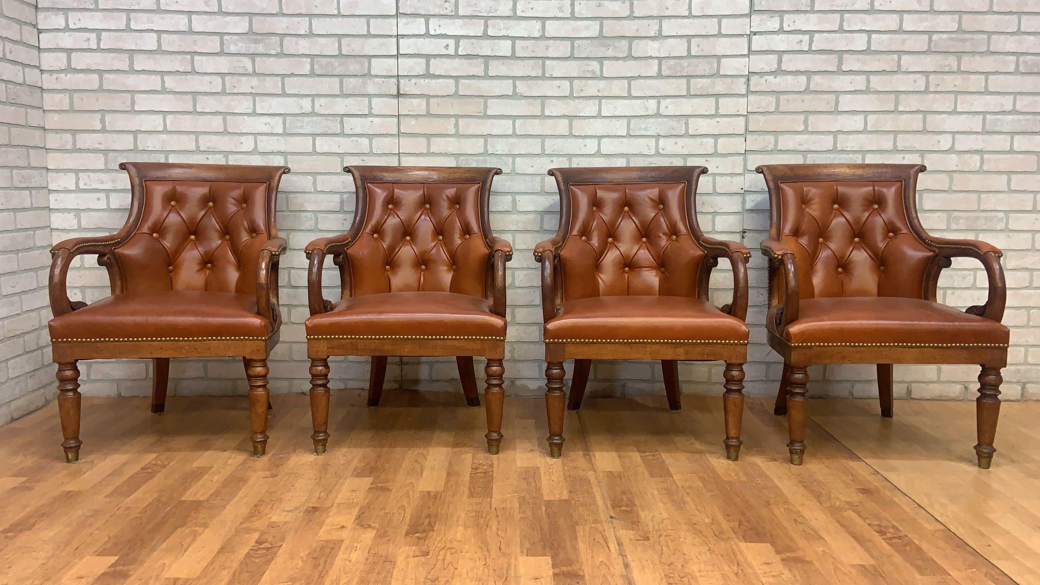Art Nouveau Vintage Hancock and Moore Tufted Jockey Club Chair Newly Upholstered - Set of 4