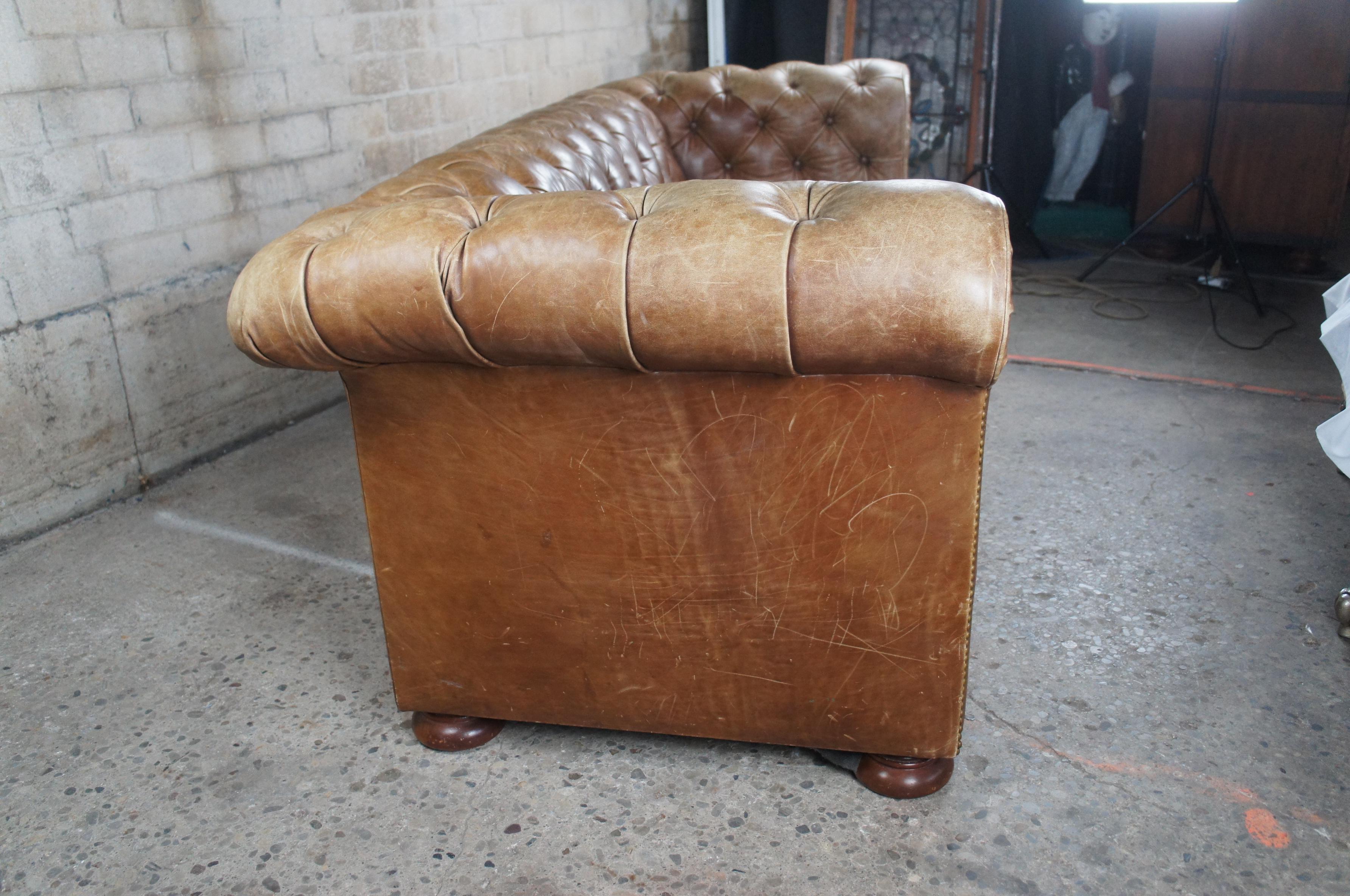 Vintage Hancock & Moore Brown Leather Tufted Nailhead Chesterfield Sofa Couch 5