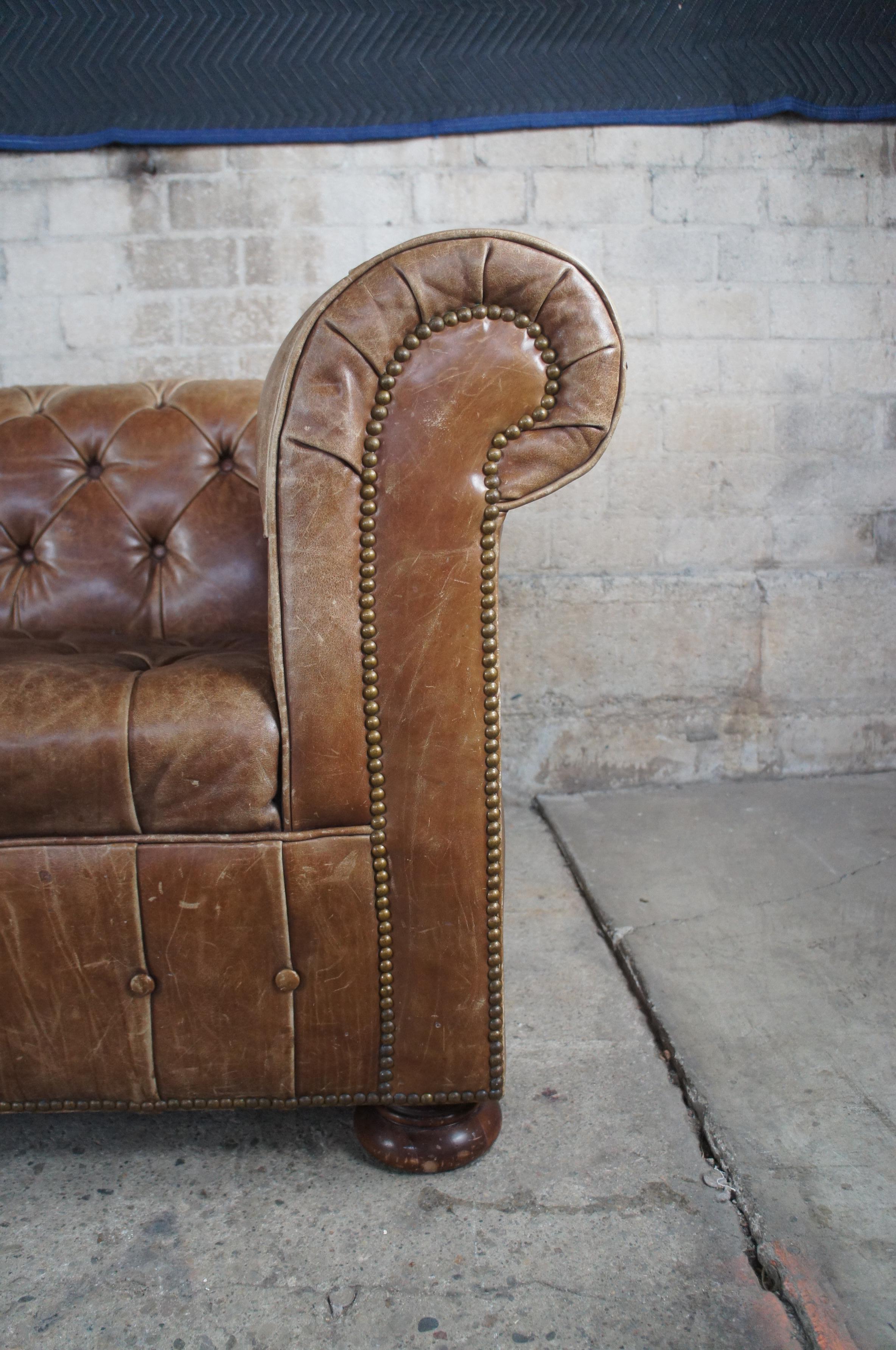 20th Century Vintage Hancock & Moore Brown Leather Tufted Nailhead Chesterfield Sofa Couch