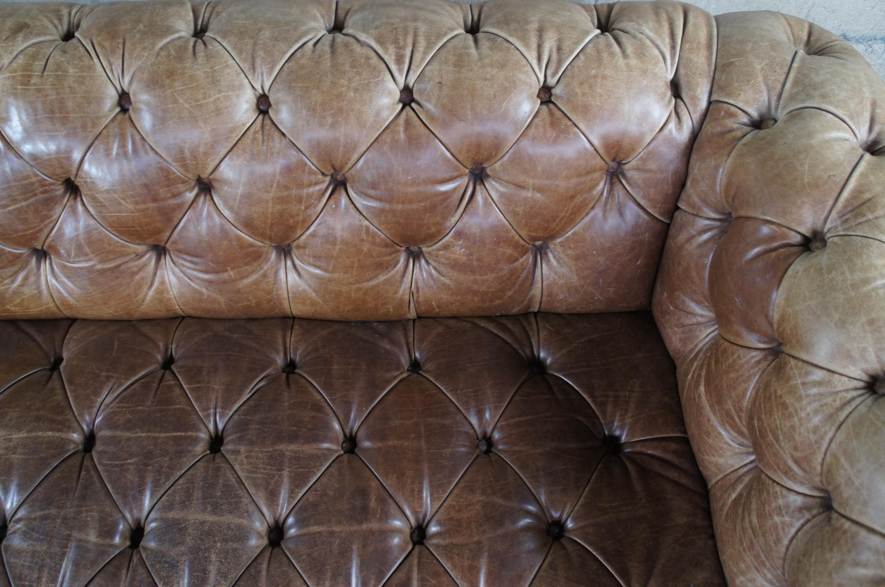 Vintage Hancock & Moore Brown Leather Tufted Nailhead Chesterfield Sofa Couch 2