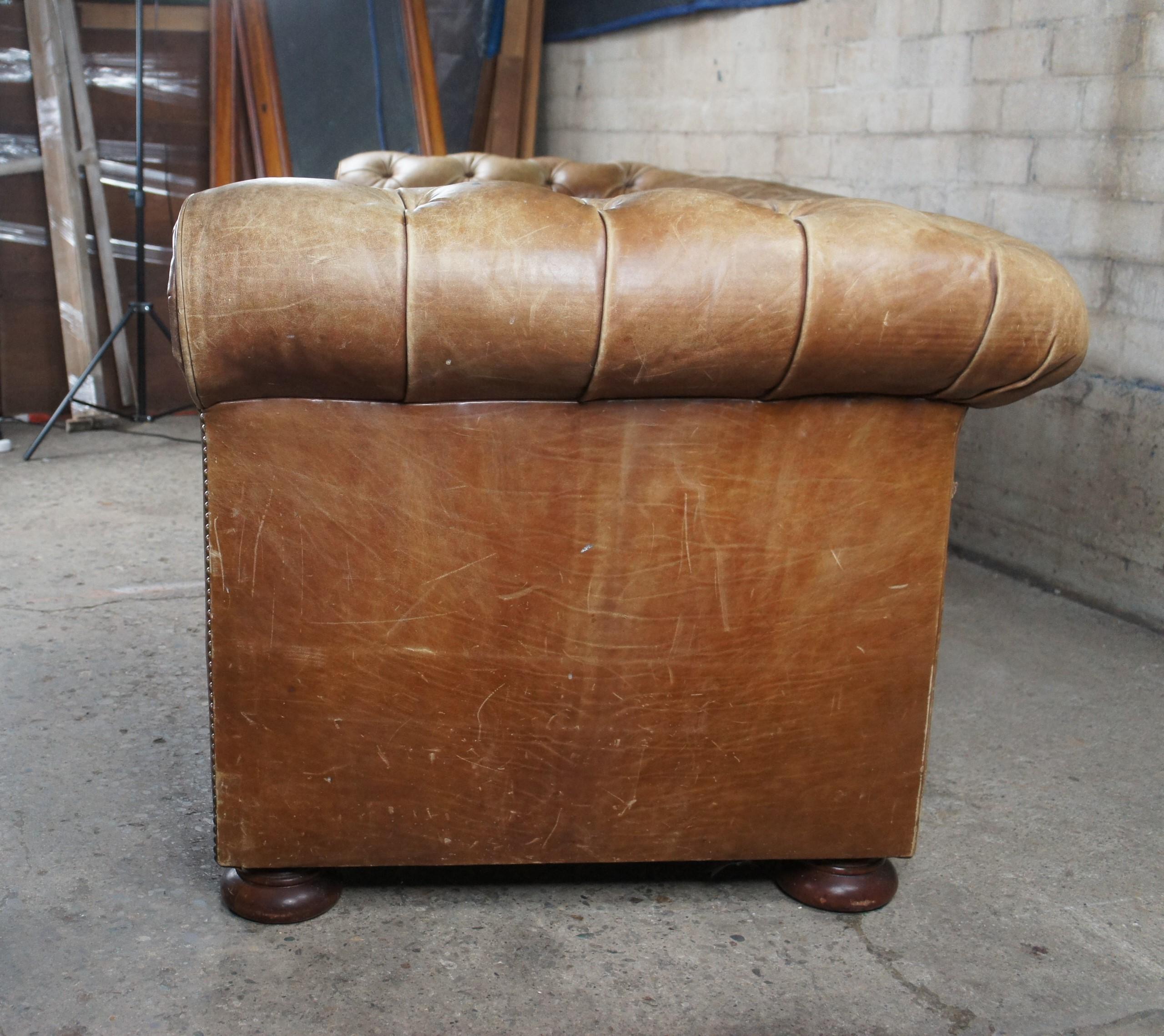 Vintage Hancock & Moore Brown Leather Tufted Nailhead Chesterfield Sofa Couch 3