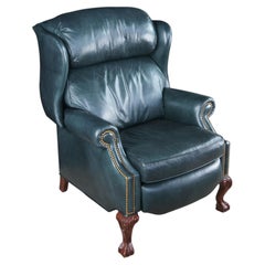 Vintage Hancock & Moore Chippendale Green Leather Wingback Recliner EZ Chair