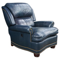 Fauteuil club de bibliothèque vintage en cuir bleu de style anglais Hancock & Moore