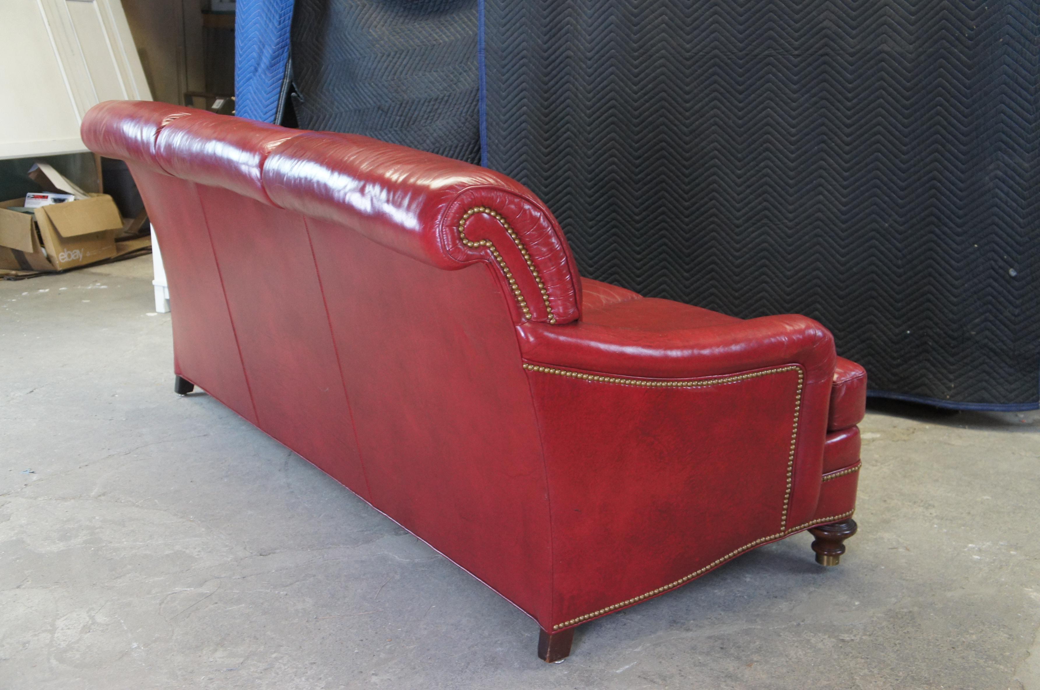 Vintage Hancock & Moore English Style Red Leather Slope Arm 3 Seater Sofa Couch 6