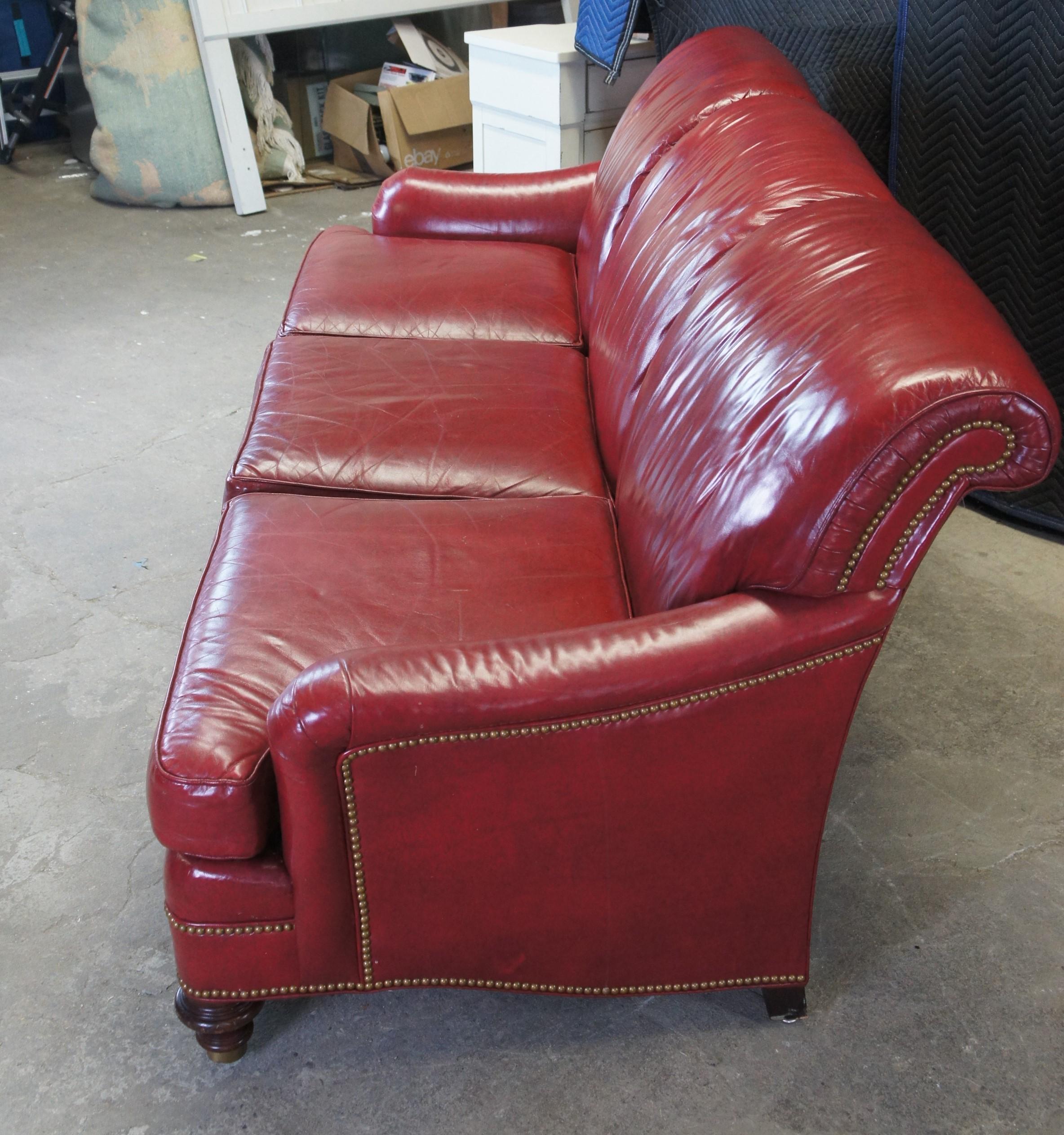 Vintage Hancock & Moore English Style Red Leather Slope Arm 3 Seater Sofa Couch 3