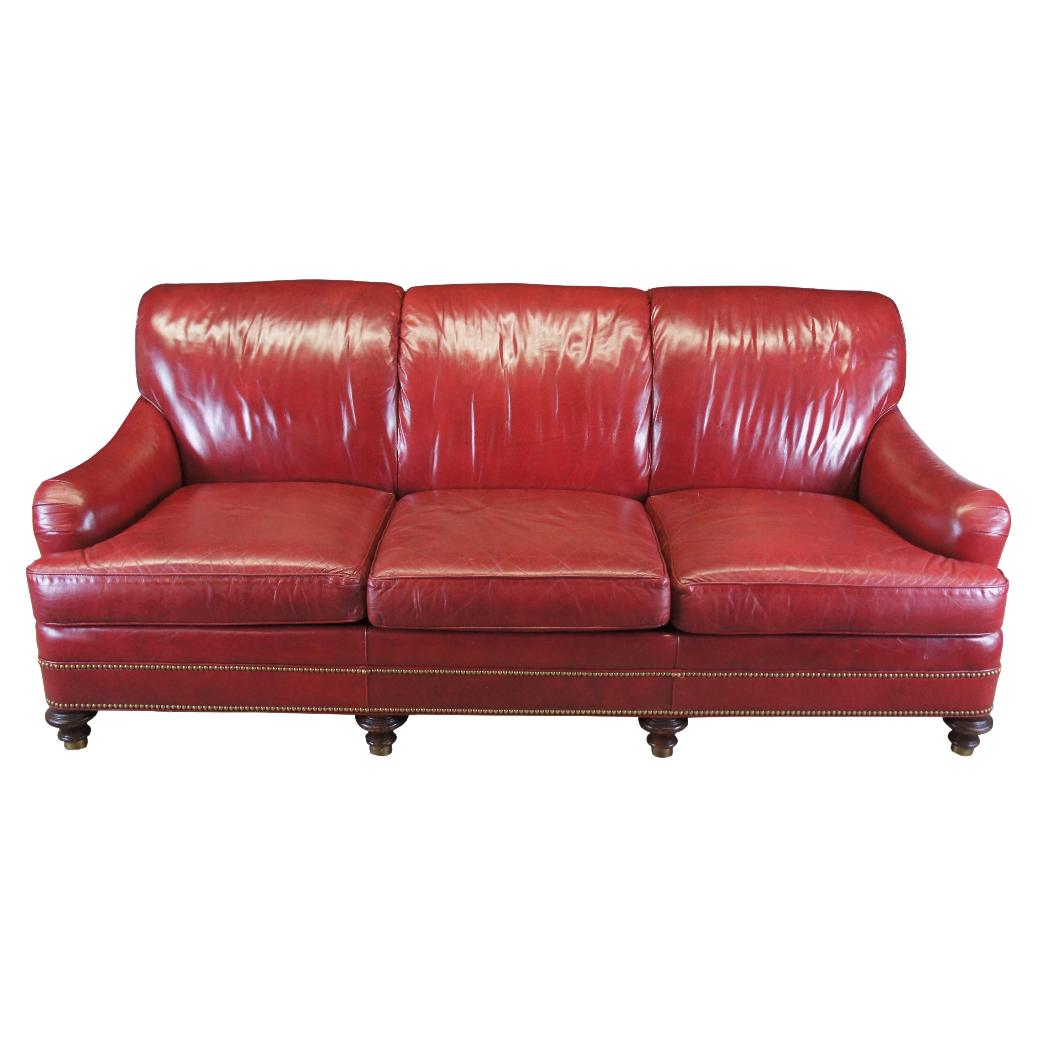 Vintage Hancock & Moore English Style Red Leather Slope Arm 3 Seater Sofa Couch