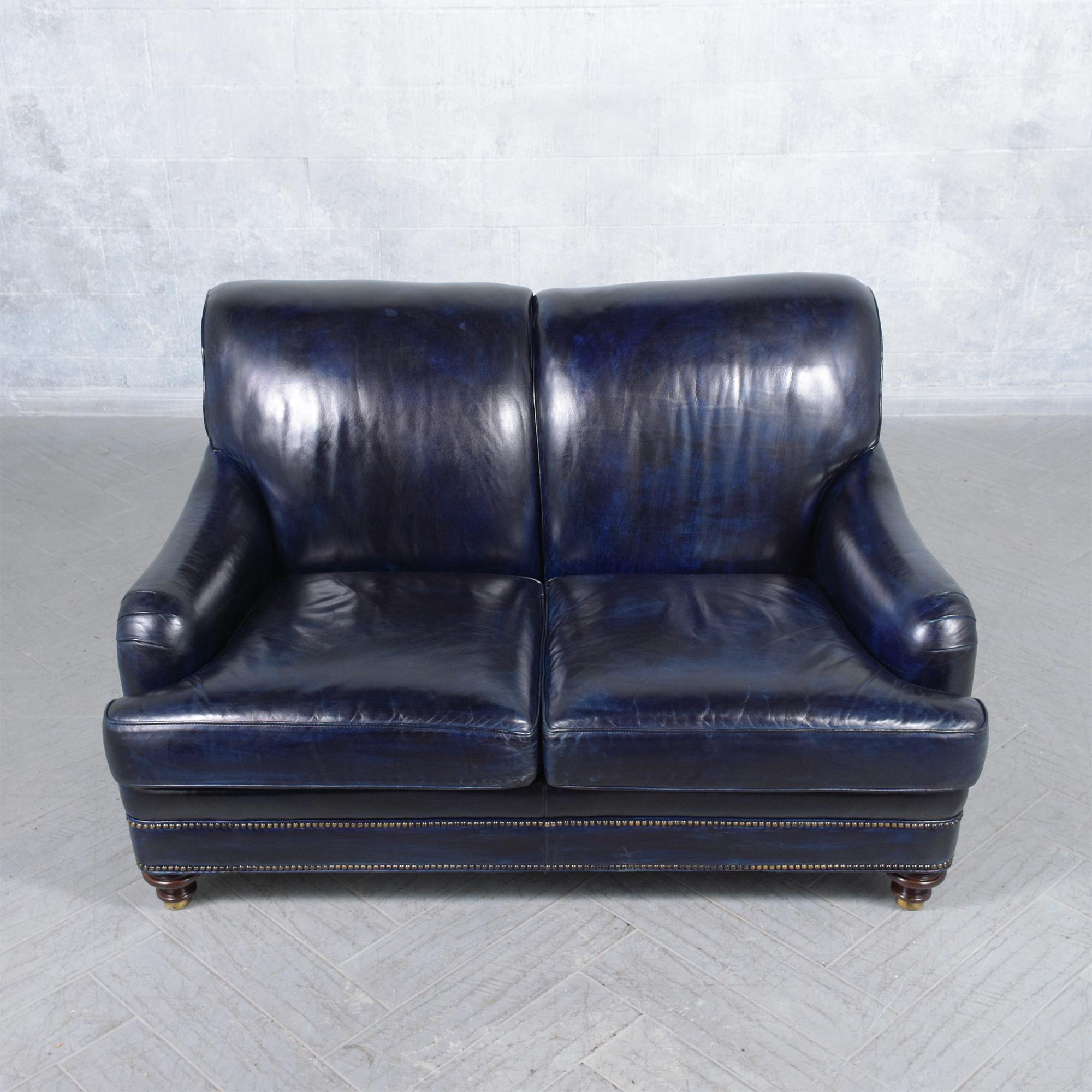 American Hancock & Moore Loveseat: Classic English Elegance in Navy Blue Leather
