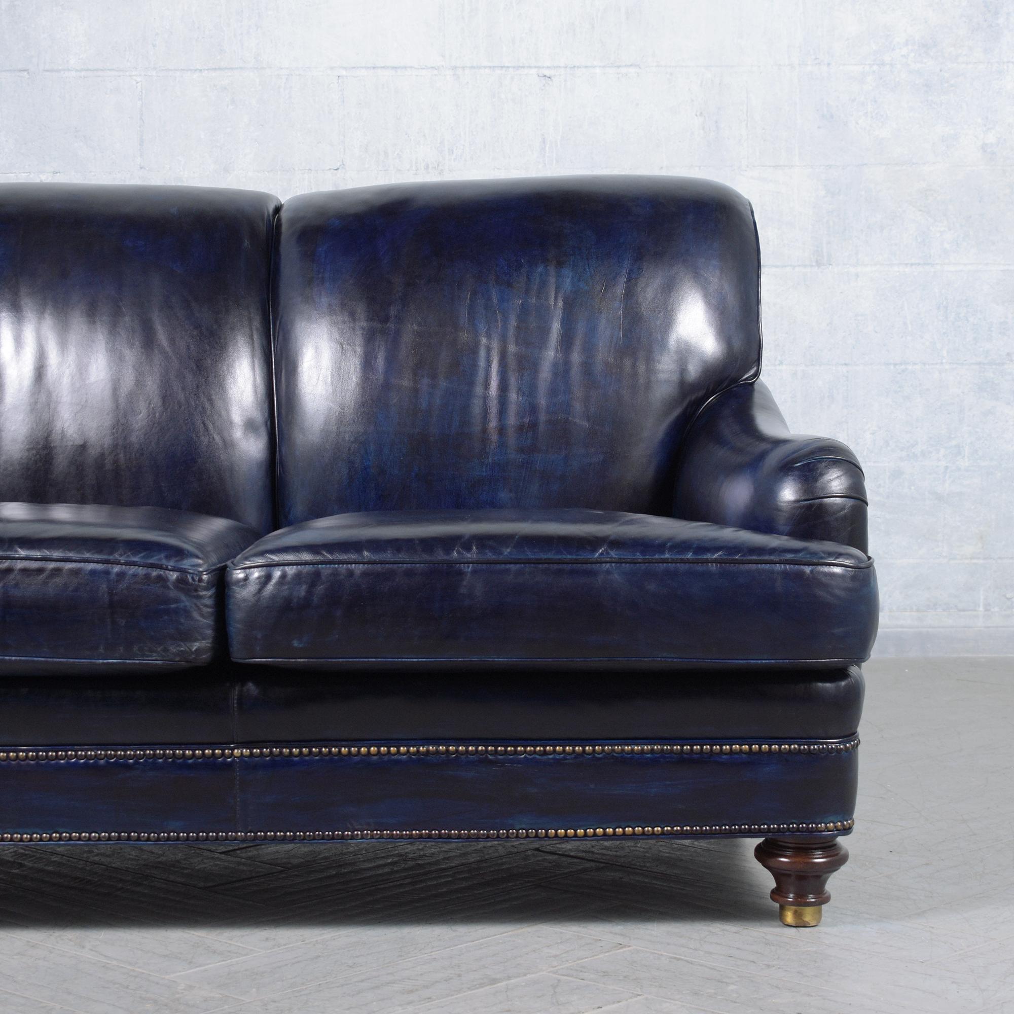 Hand-Crafted Hancock & Moore Loveseat: Classic English Elegance in Navy Blue Leather