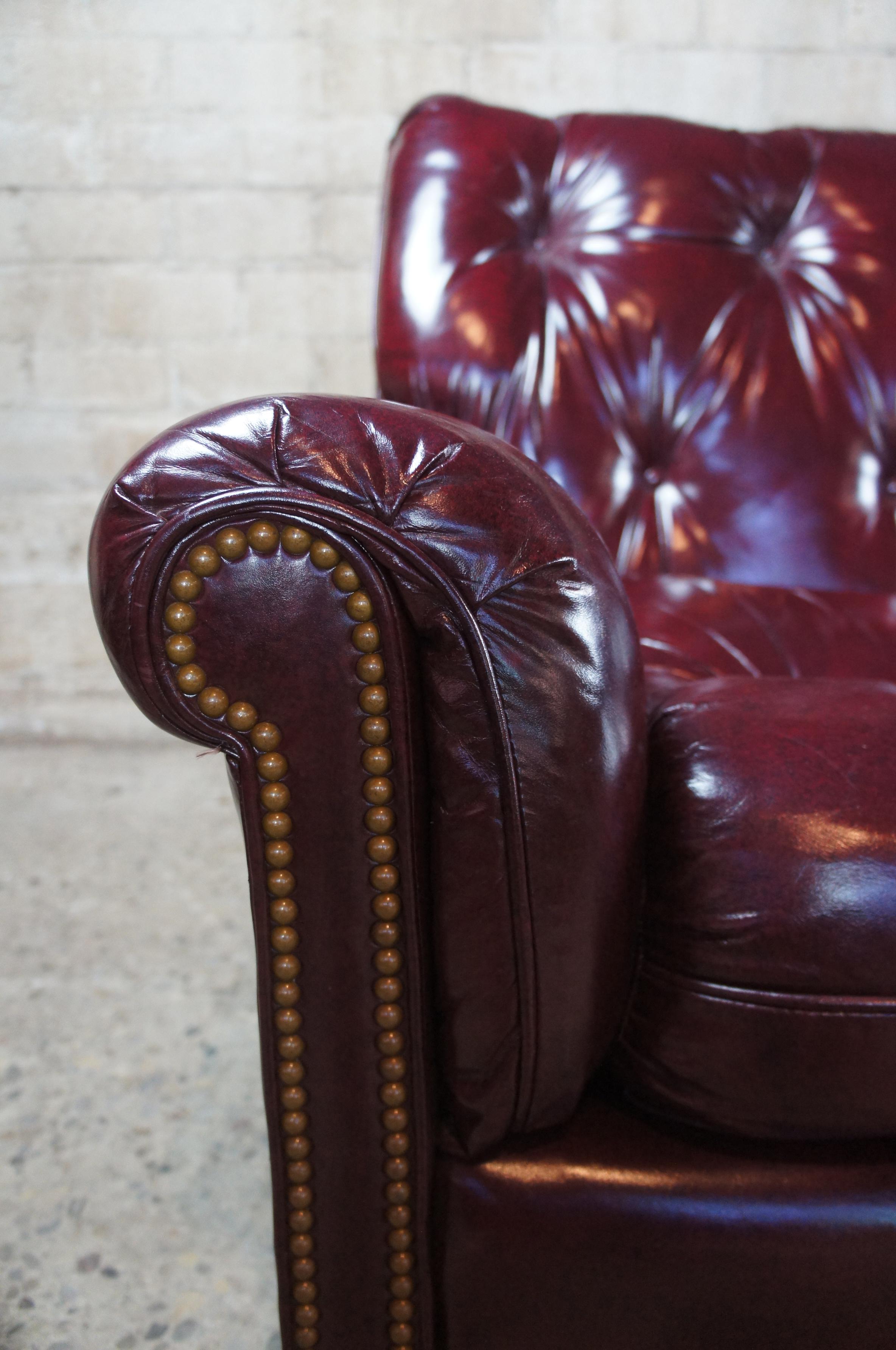 Vintage Hancock & Moore Red Burgundy Leather Tufted Chesterfield Sofa Couch 3