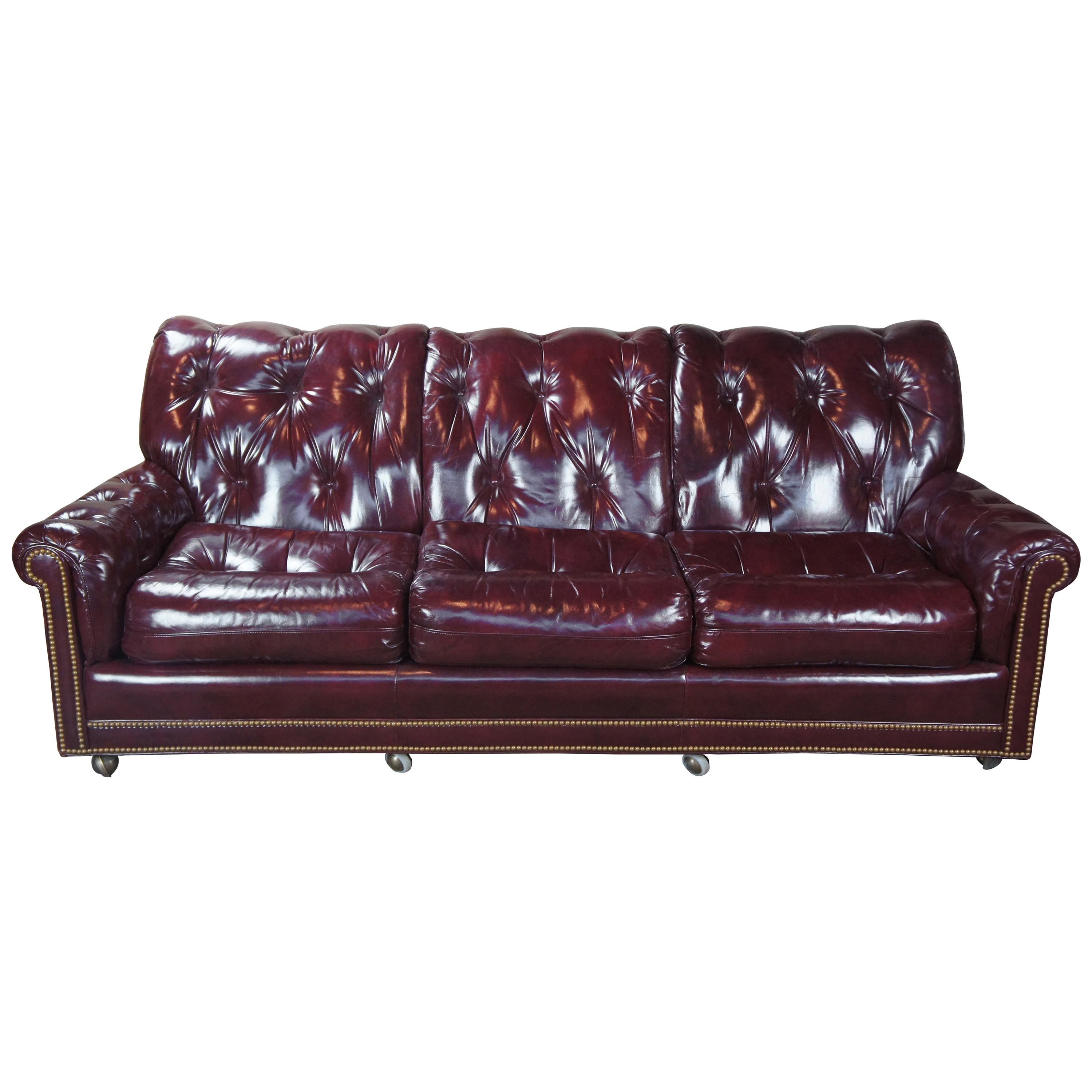 Vintage Hancock & Moore Red Burgundy Leather Tufted Chesterfield Sofa Couch