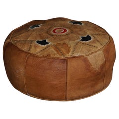 Vintage Hancrafted Moroccan Leather Pouf with Intricate Embroidery, 1970s