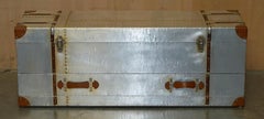 ViNTAGE HAND ALUMINIUM & BROWN LEATHER AVIATOR COFFEE TABLE STORAGE TRUNK CHEST