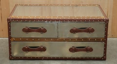 ViNTAGE HAND ALUMINIUM & BROWN LEATHER AVIATOR COFFEE TABLE STORAGE TRUNK CHEST