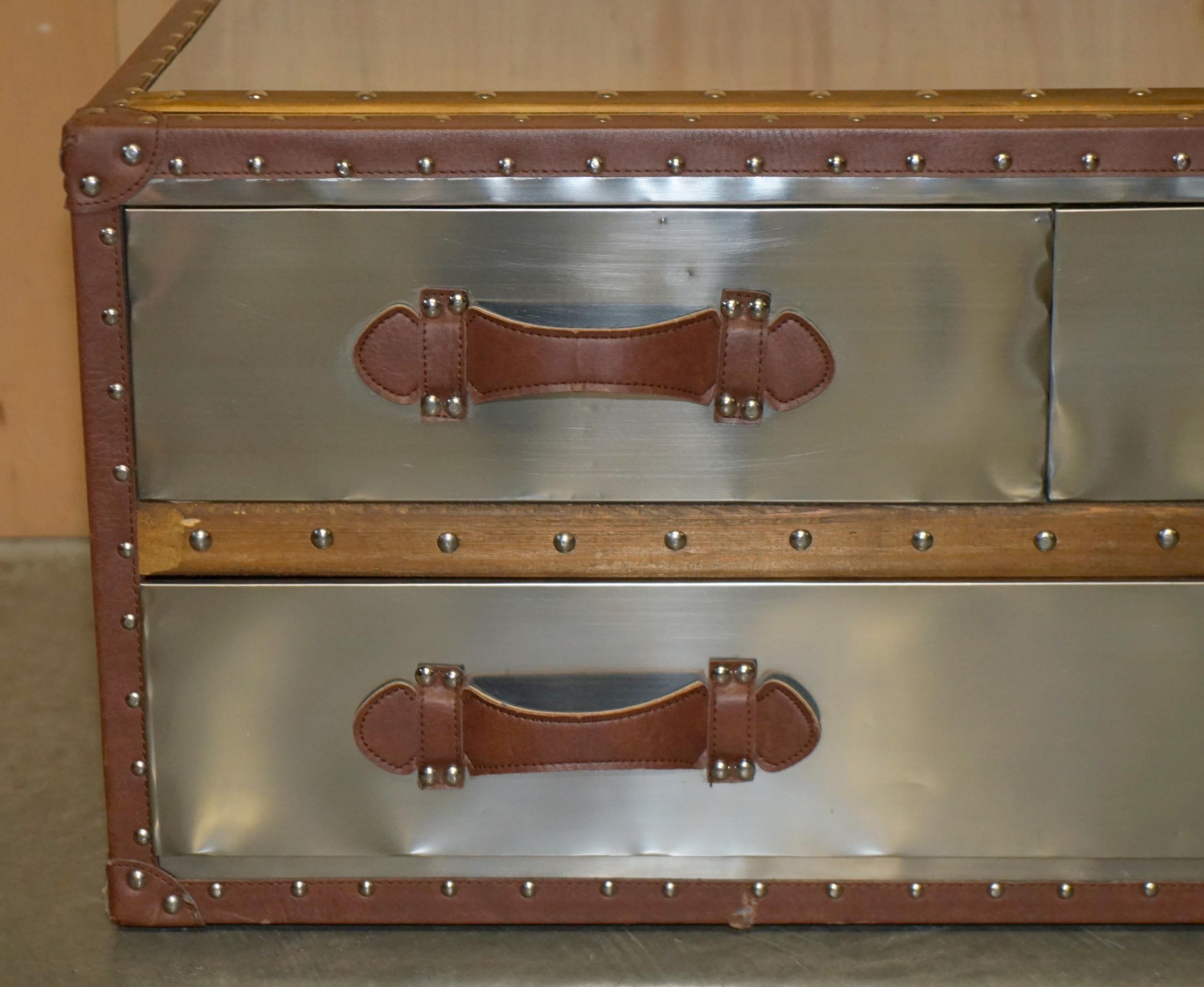 Art Deco ViNTAGE HAND ALUMINIUM & BROWN LEATHER AVIATOR COFFEE TABLE STORAGE TRUNK CHEST For Sale