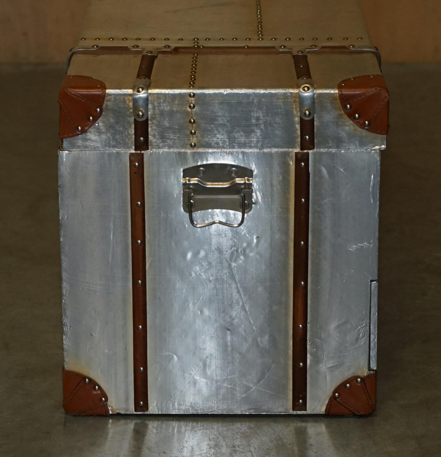 Hand-Crafted ViNTAGE HAND ALUMINIUM & BROWN LEATHER AVIATOR COFFEE TABLE STORAGE TRUNK CHEST For Sale
