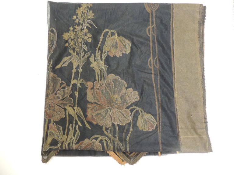 Vintage Hand Applique Floral Embroidery On Black Sheer
