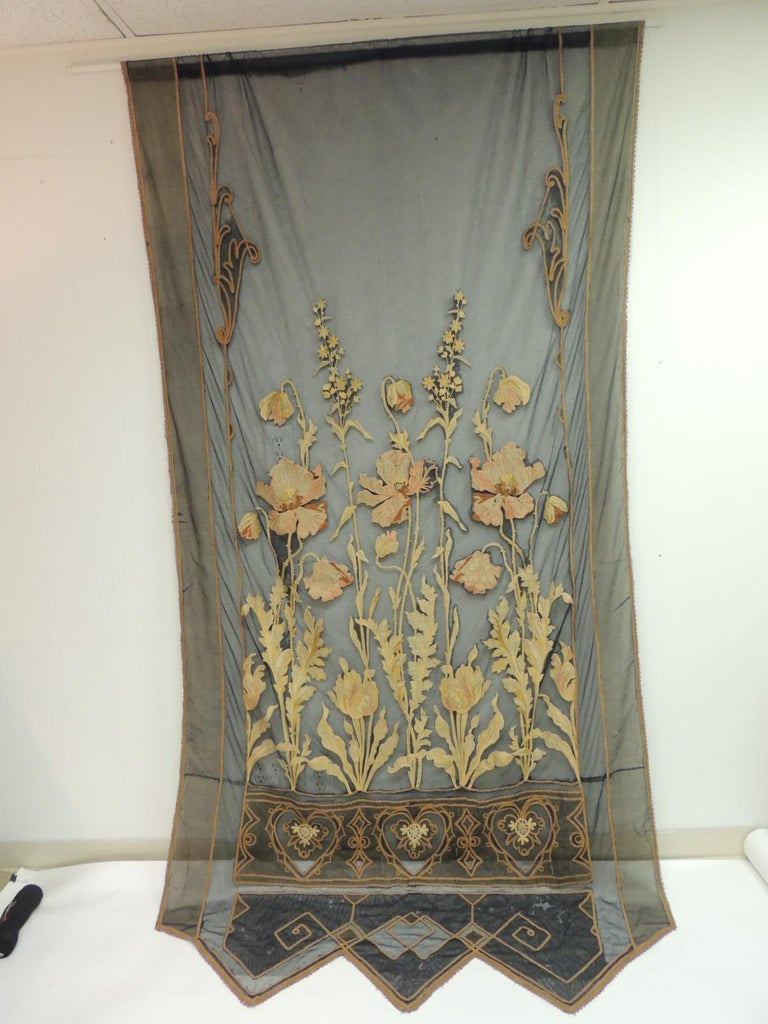 Vintage Hand Applique Floral Embroidery On Black Sheer