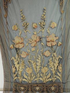 Vintage Hand Applique Floral Embroidery on Black Sheer Mesh Curtain Panel
