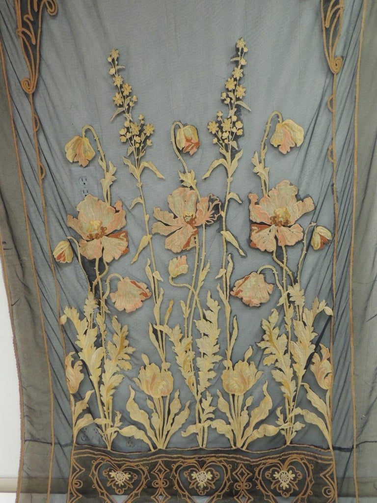 Vintage Hand Applique Floral Embroidery On Black Sheer