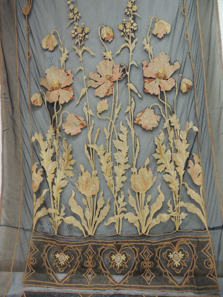 Vintage Hand Applique Floral Embroidery on Black Sheer Mesh Curtain