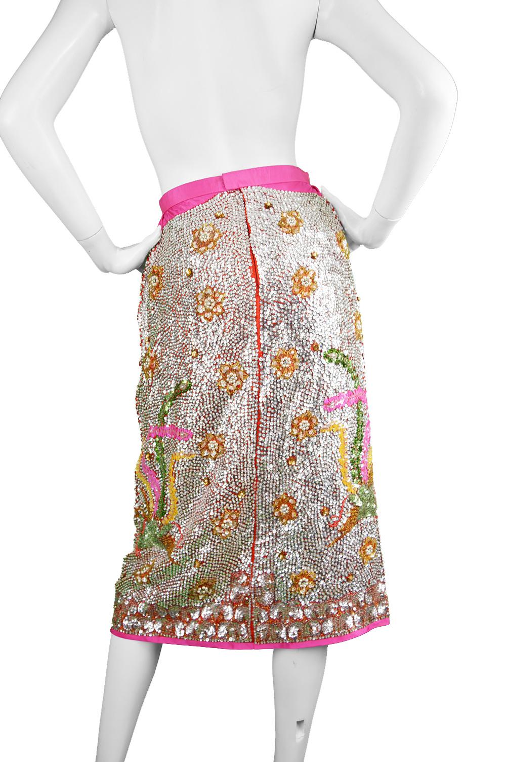 Vintage Hand Beaded & Sequinned Asian Silver and Pink Evening Skirt, 1960s 5