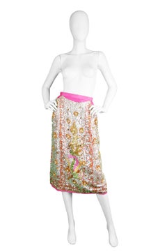 Vintage Hand Beaded & Sequinned Asian Silver and Pink Evening Skirt, 1960s