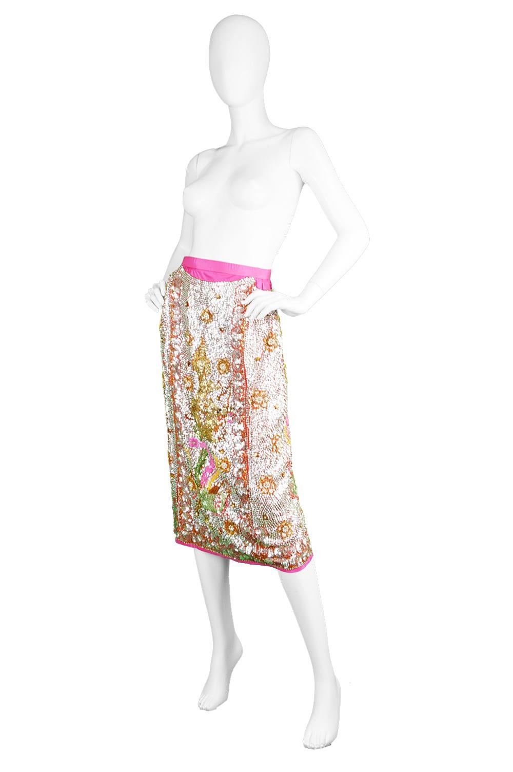 Women's Vintage Hand Beaded & Sequinned Asian Silver and Pink Evening Skirt, 1960s