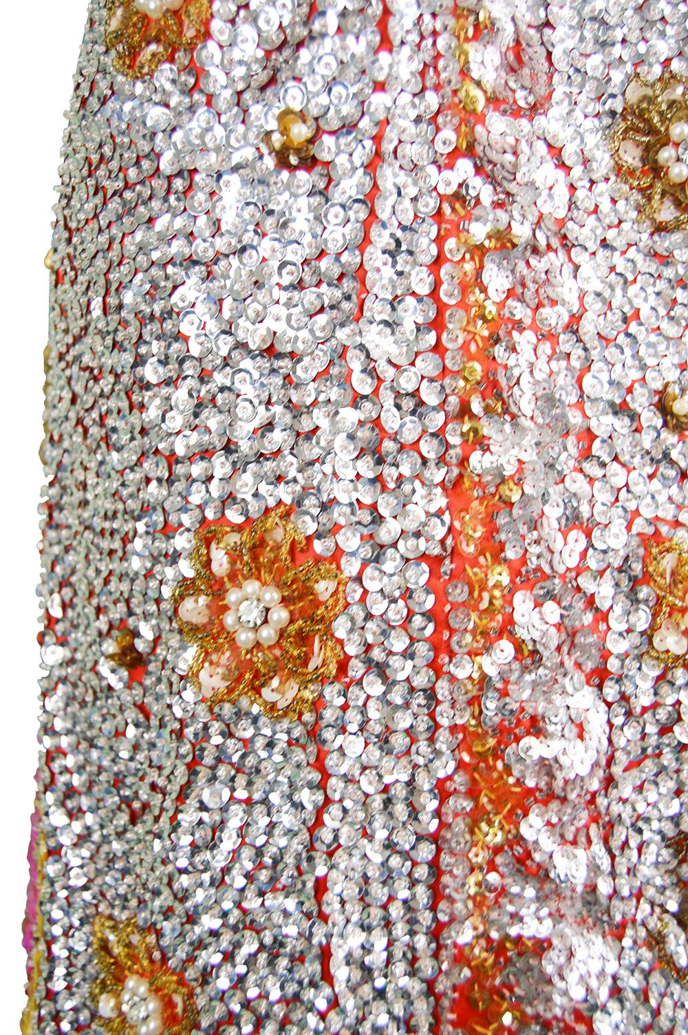 Vintage Hand Beaded & Sequinned Asian Silver and Pink Evening Skirt, 1960s 4