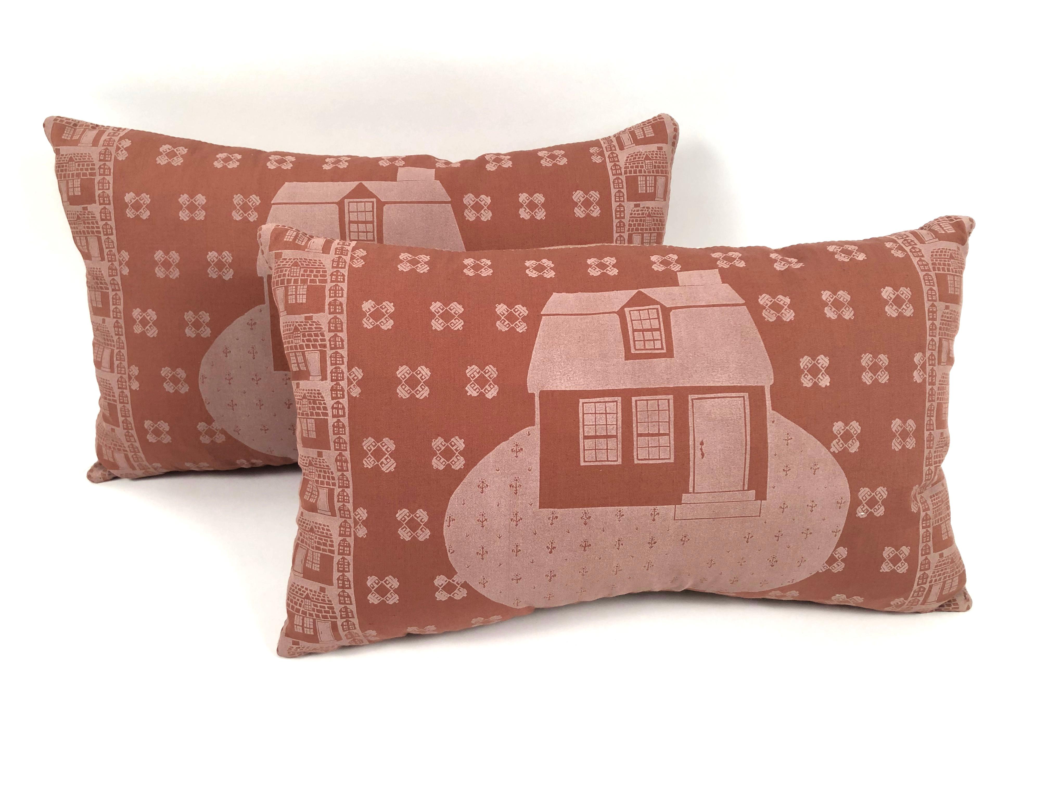 Vintage Hand Block Printed Folly Cove Designers 'Story and a Half House' Pillow 2