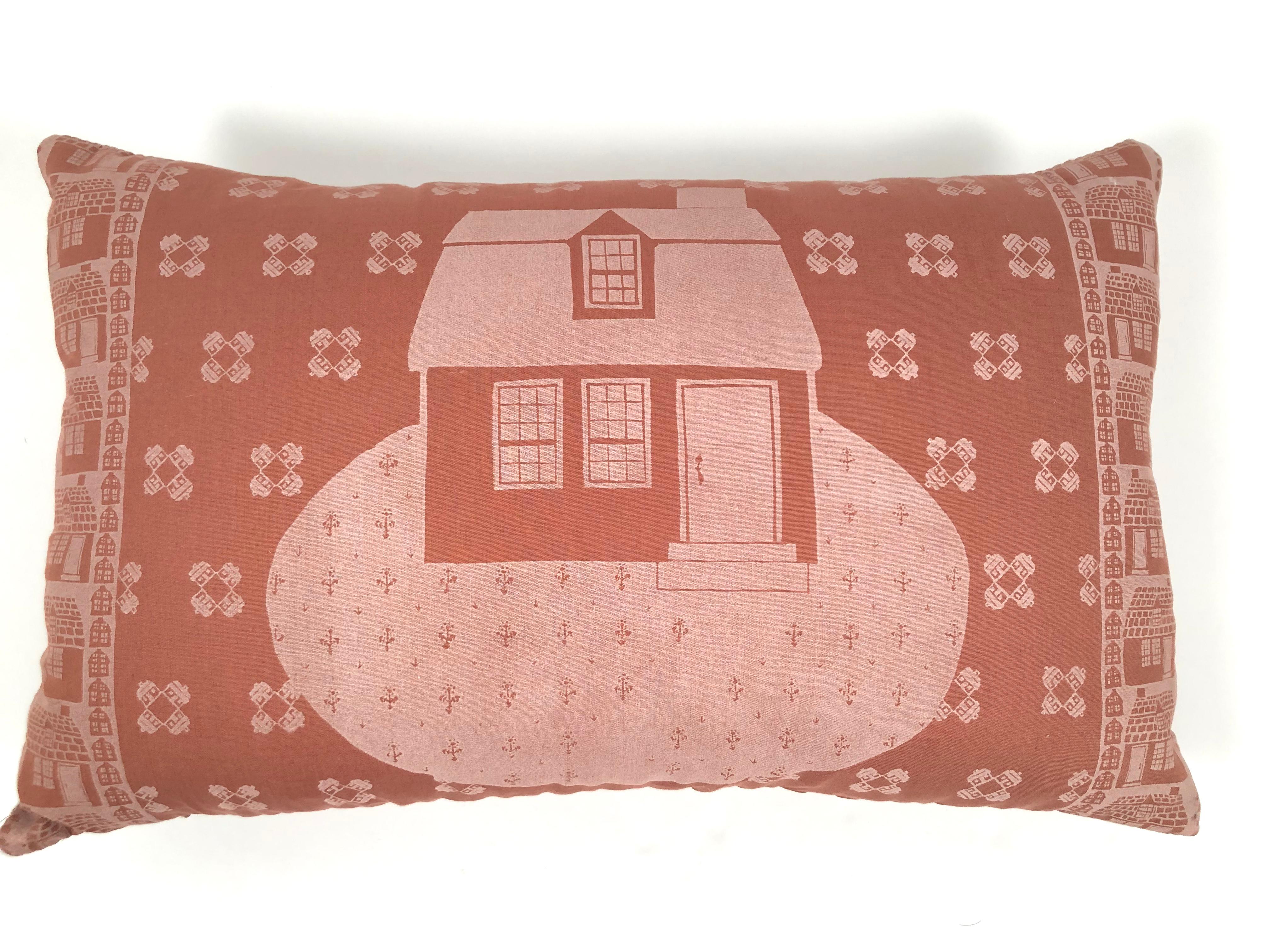 A vintage, original hand block printed Folly Cove Designers textile, made into a pillow, in the 