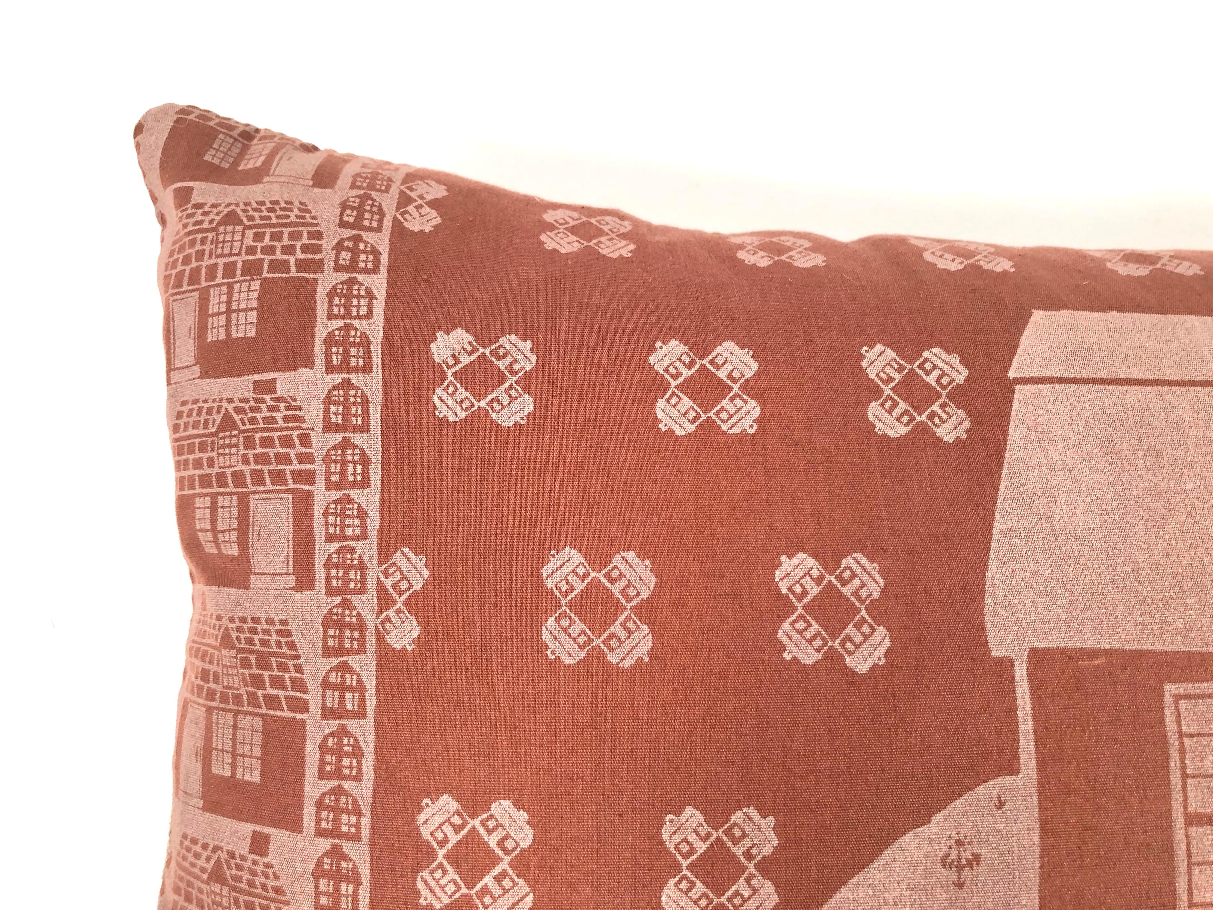 Mid-Century Modern Vintage Hand Block Printed Folly Cove Designers 'Story and a Half House' Pillow