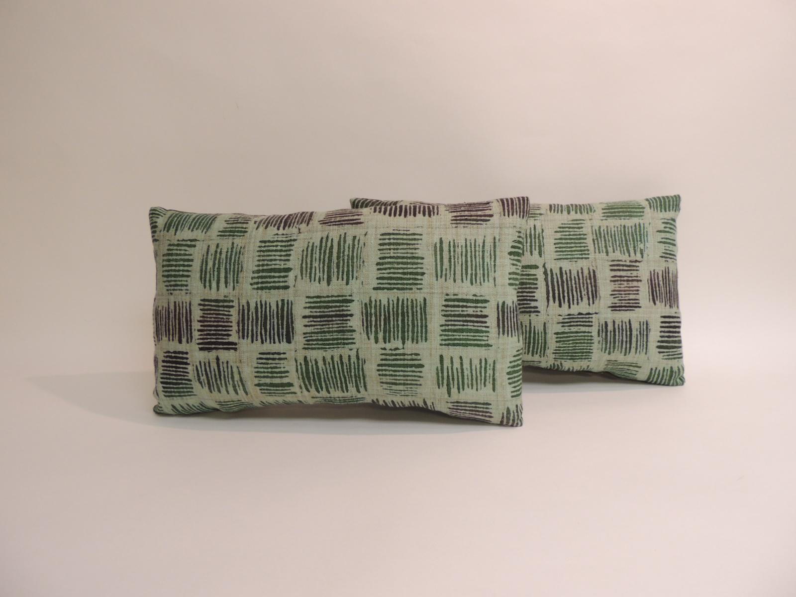 Indonesian Vintage Hand Blocked Green and Brown Decorative Lumbar Pillow