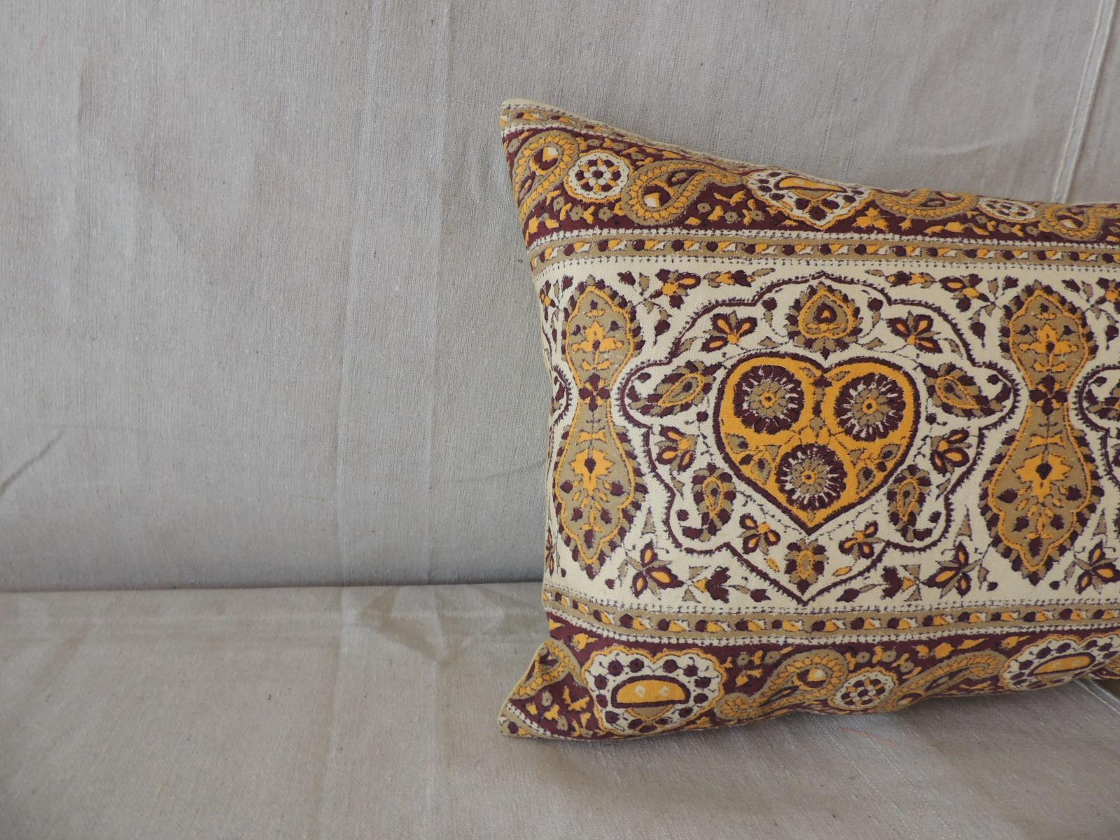 Vintage hand-blocked kalamkari long bolster decorative pillow.
Camel color textured linen backing.
Floral pattern (seam in the middle) In shades of red, blue, pink and camel.
Soft yellow cotton backings.
Handcrafted and designed in the
