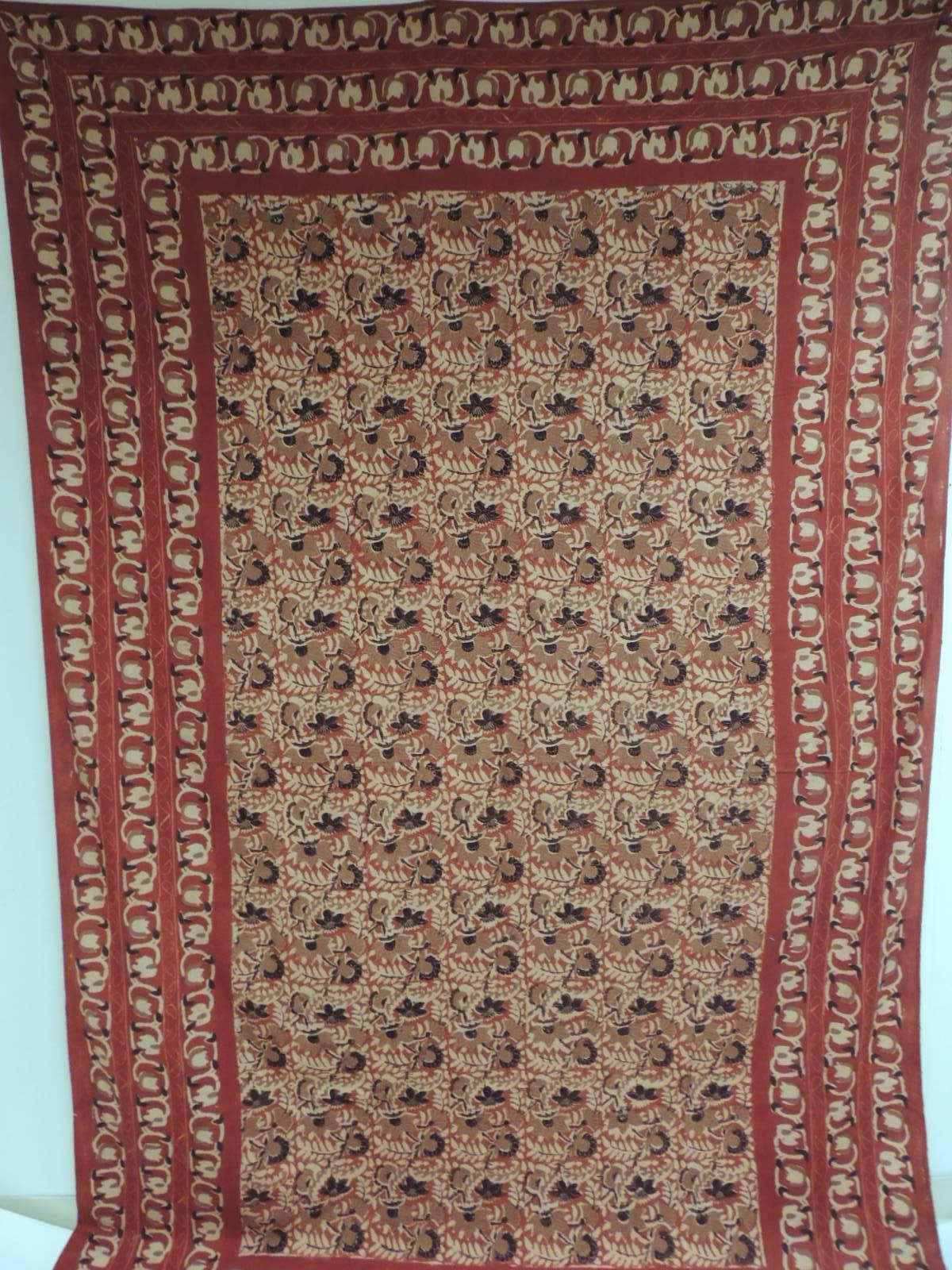 1970s Paisley Qalamkar coverlet from India. Qalamkar is a form of Persian woodblock printed textile that originates from Esfahan in central Iran over 400 years ago. Unlike lesser quality, machine-printed fabrics coming out of India, Pakistan and