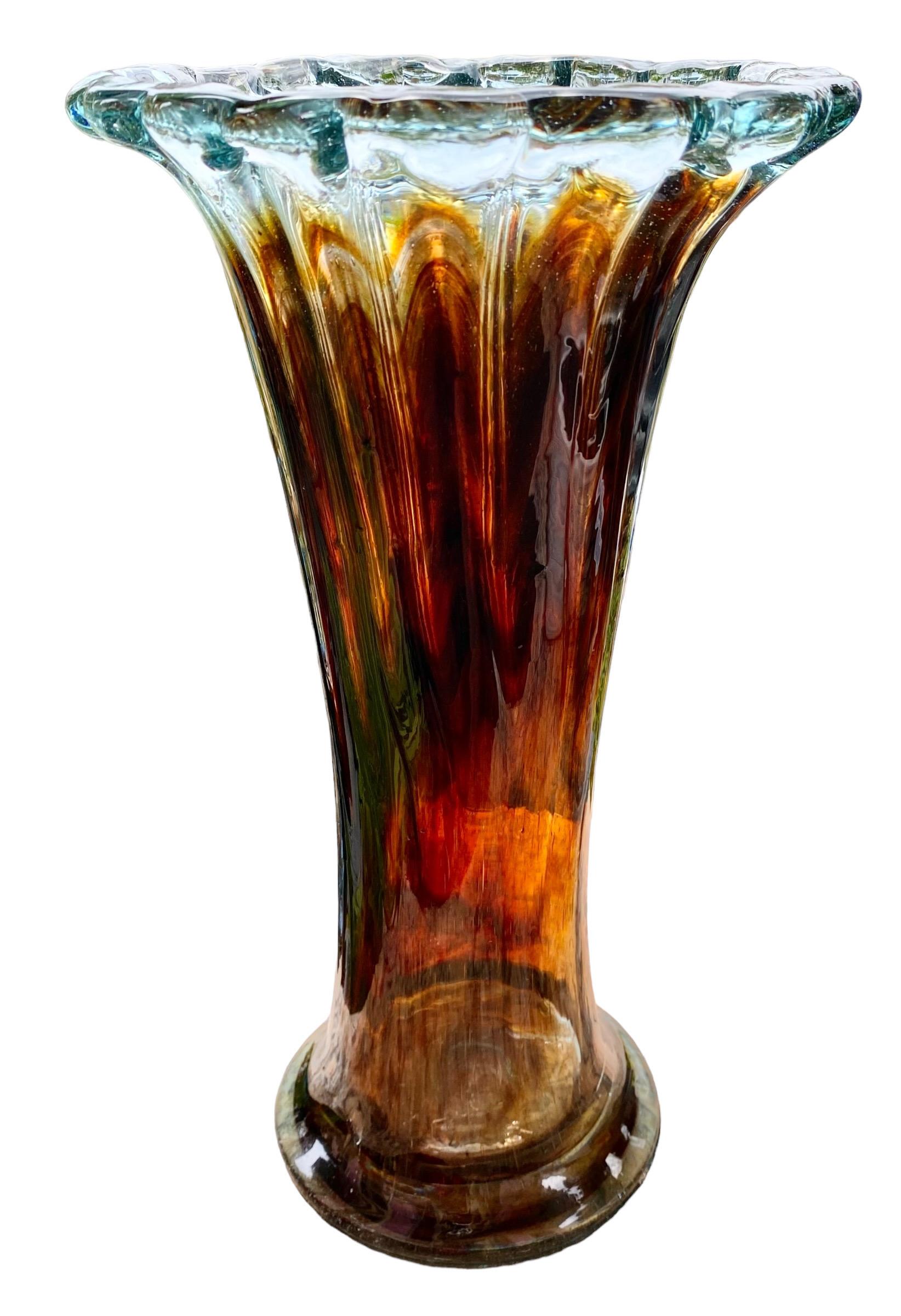 Vintage Hand Blown Art Glass Ribbed Flare Vase For Sale 3