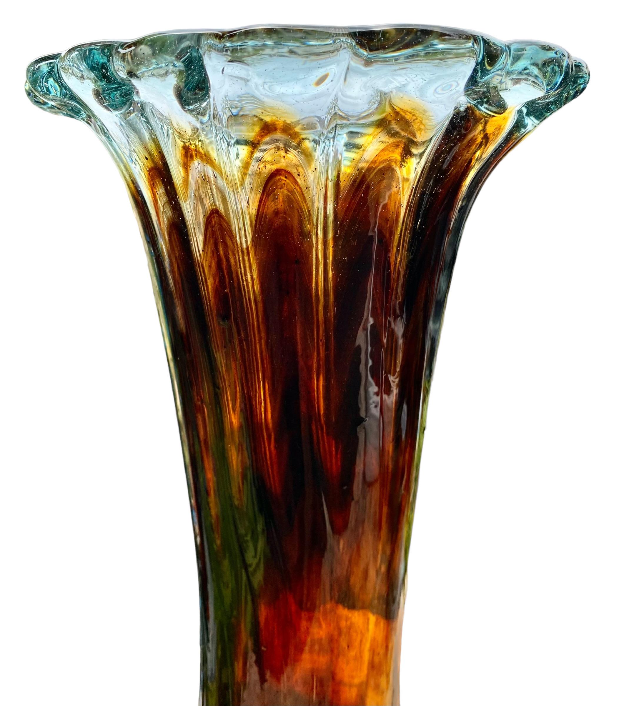Bohemian Vintage Hand Blown Art Glass Ribbed Flare Vase For Sale